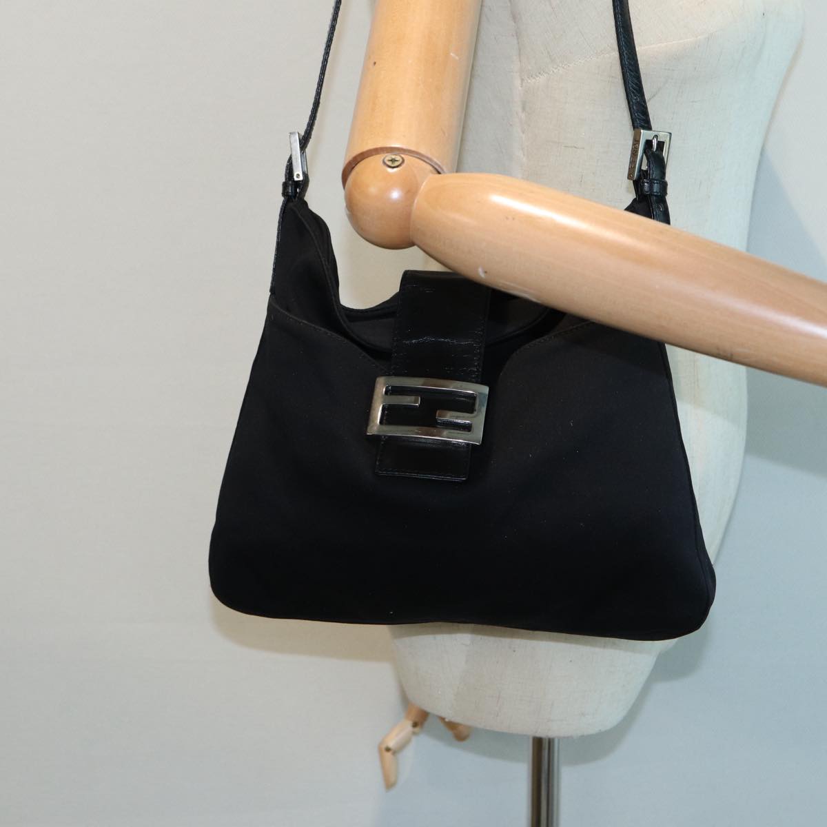 FENDI Shoulder Bag Nylon Black Silver Auth ep5315