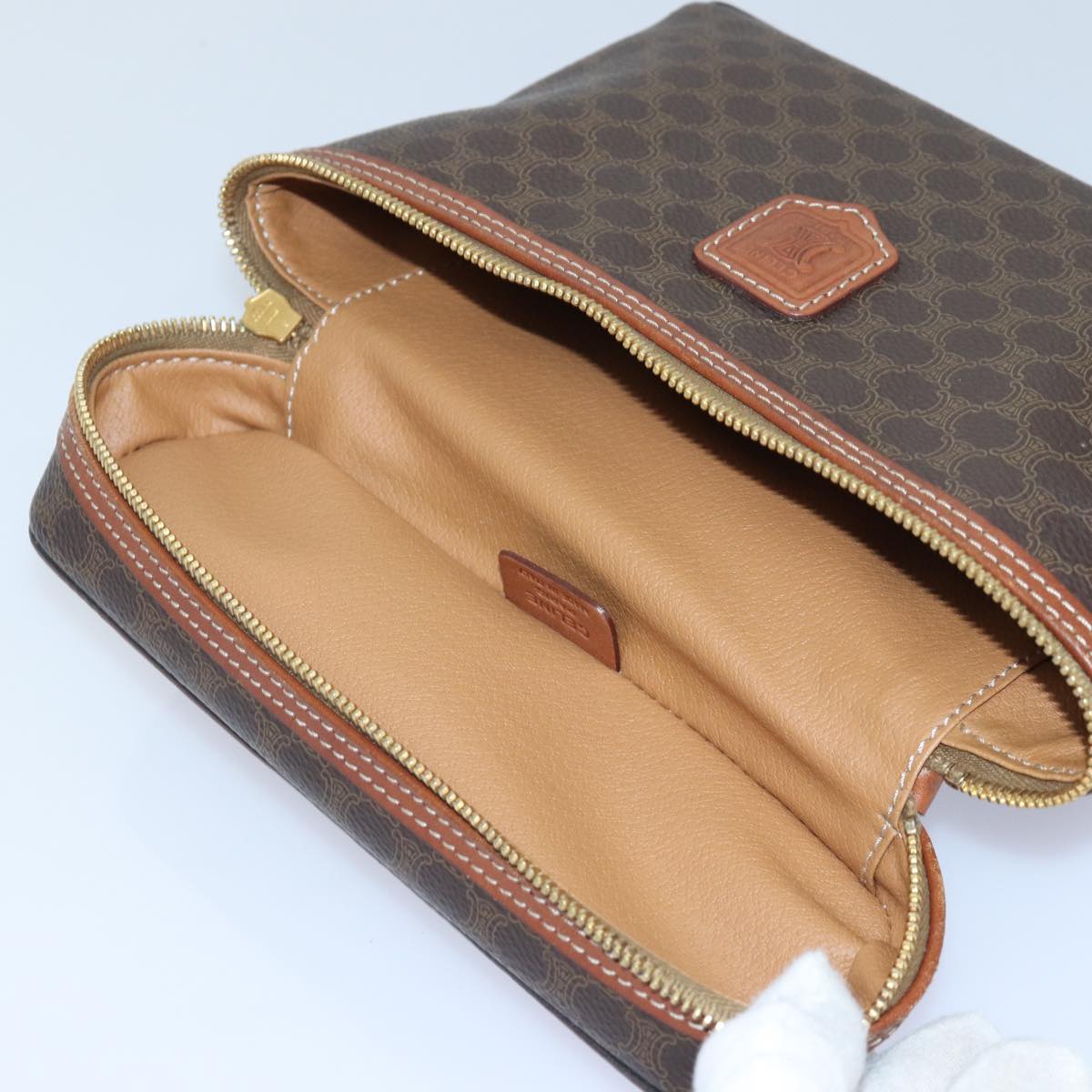 CELINE Macadam Canvas Vanity Pouch PVC Leather Brown Gold Auth ep5330