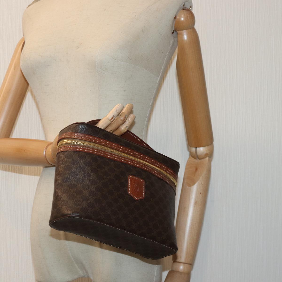 CELINE Macadam Canvas Vanity Pouch PVC Leather Brown Gold Auth ep5330