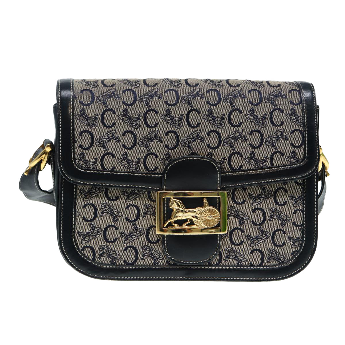 CELINE C Sulky Shoulder Bag Navy Gold Auth ep5332