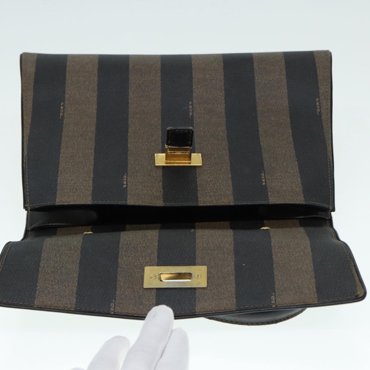 FENDI Pecan Canvas Hand Bag Brown Black gold Auth ep5335