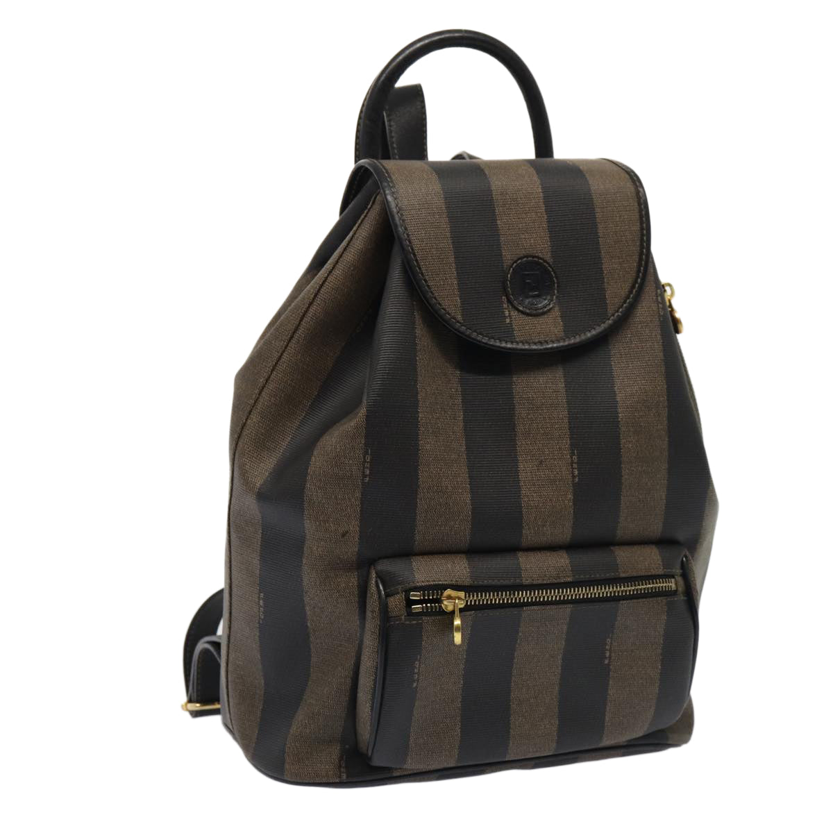 FENDI Pecan Canvas Backpack Brown Black gold Auth ep5348