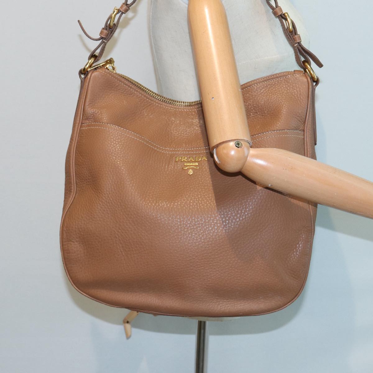 PRADA Shoulder Bag Leather Gold Brown Auth ep5379