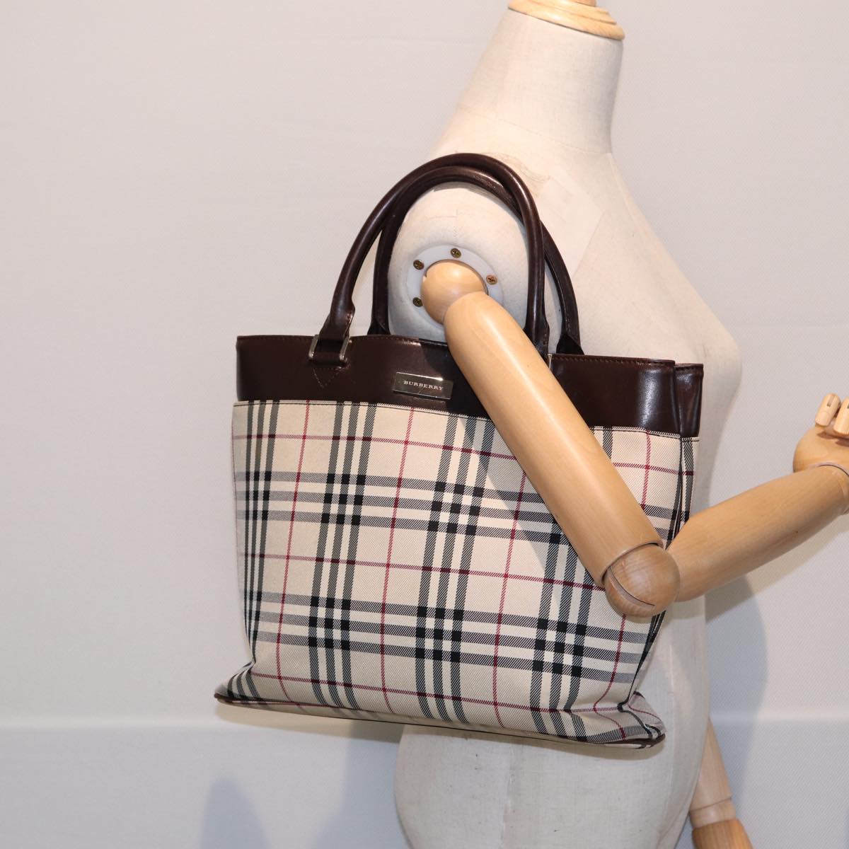 BURBERRY Nova Check Hand Bag Canvas Beige Silver Auth ep5413