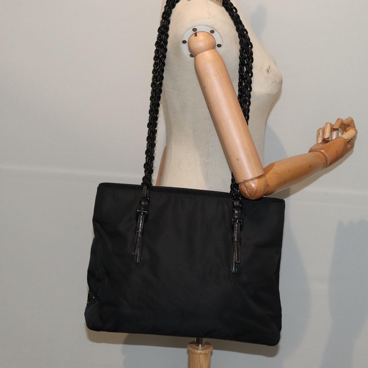 PRADA Chain Tote Bag Nylon Black Silver Auth ep5414