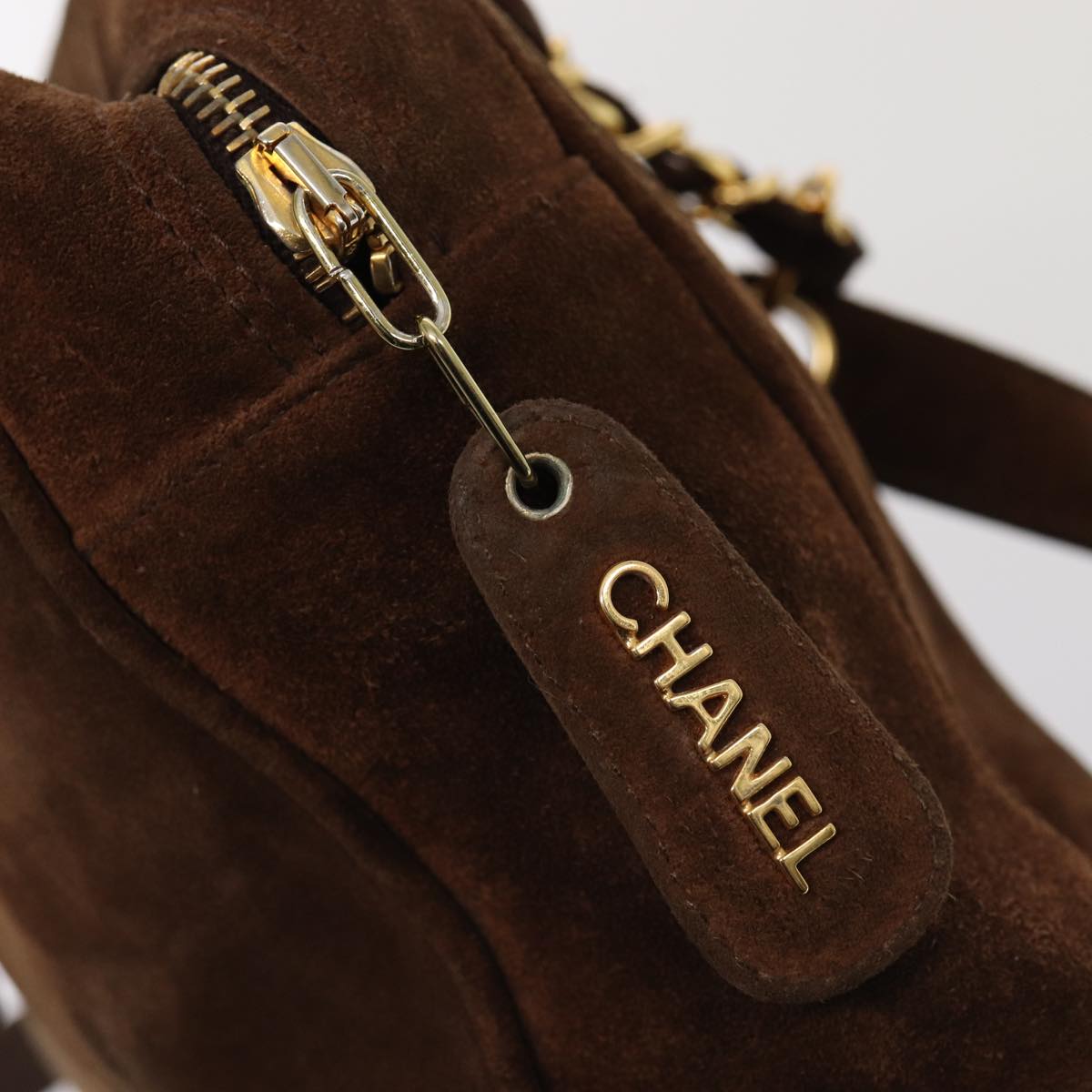 CHANEL Tote Bag Suede Brown Gold CC Auth ep5443