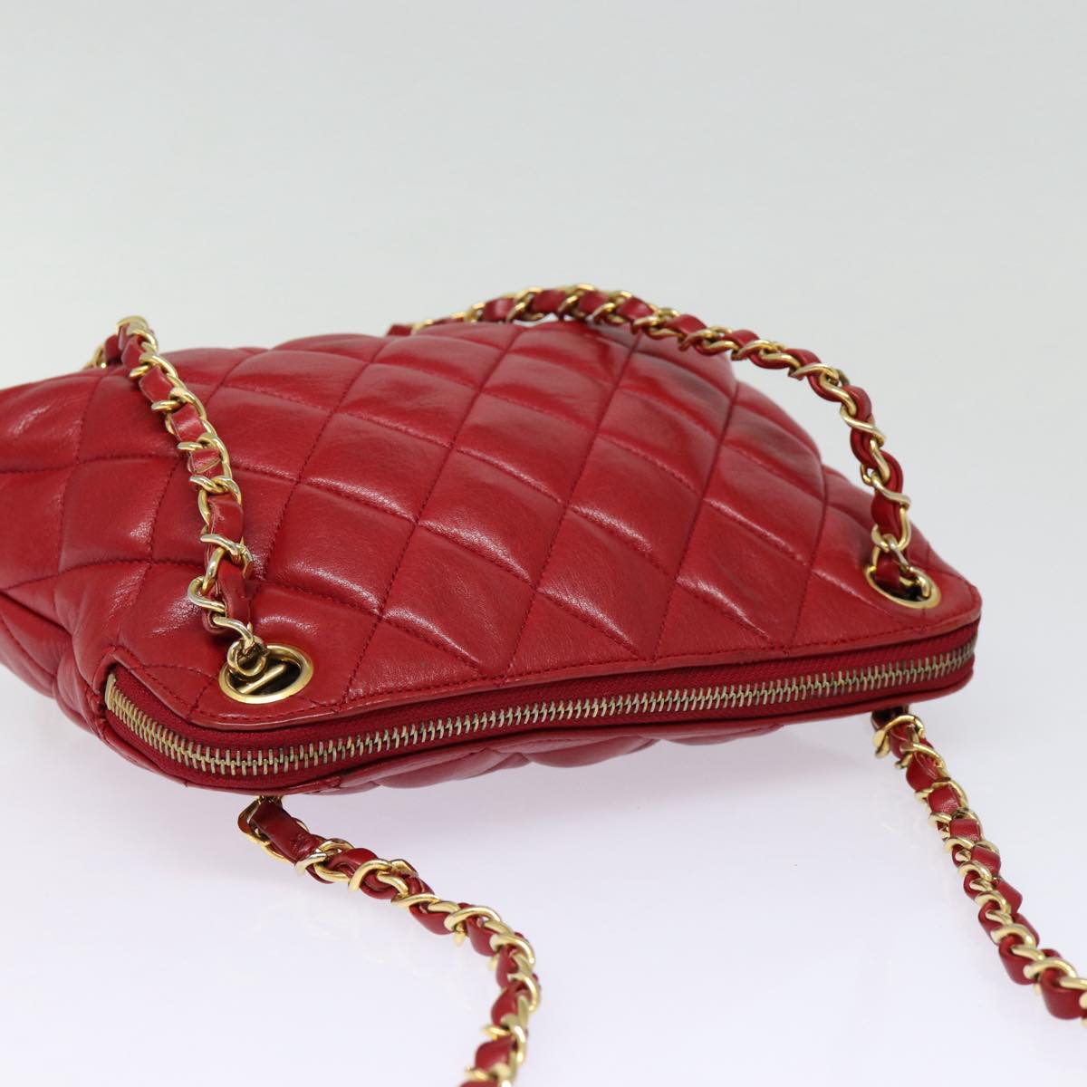 CHANEL Matelasse Chain Shoulder Bag Lamb Skin Red Gold CC Auth ep5445