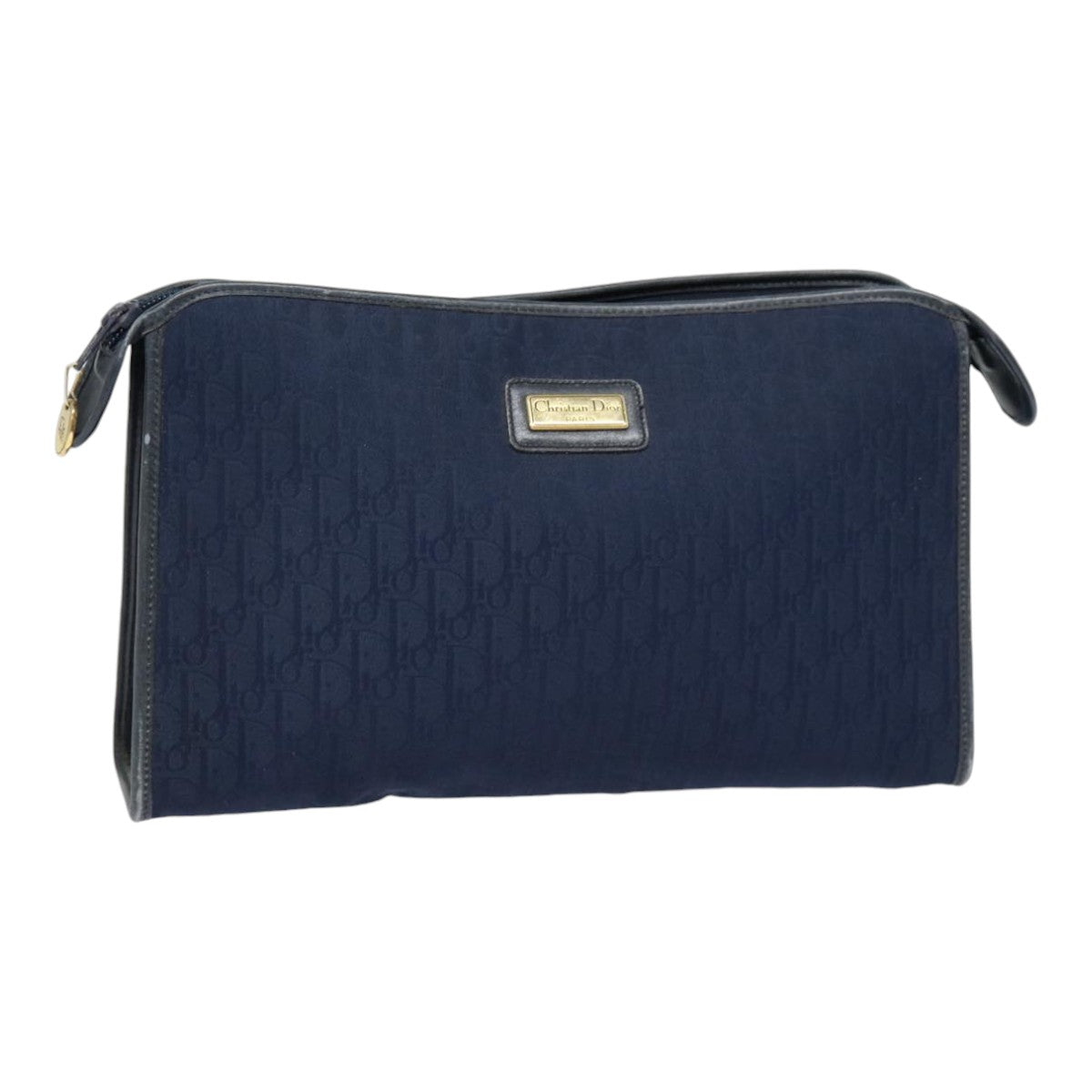 Christian Dior Trotter Canvas Clutch Bag Navy Gold Auth ep5448