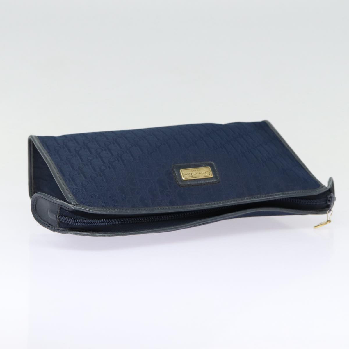 Christian Dior Trotter Canvas Clutch Bag Navy Gold Auth ep5448