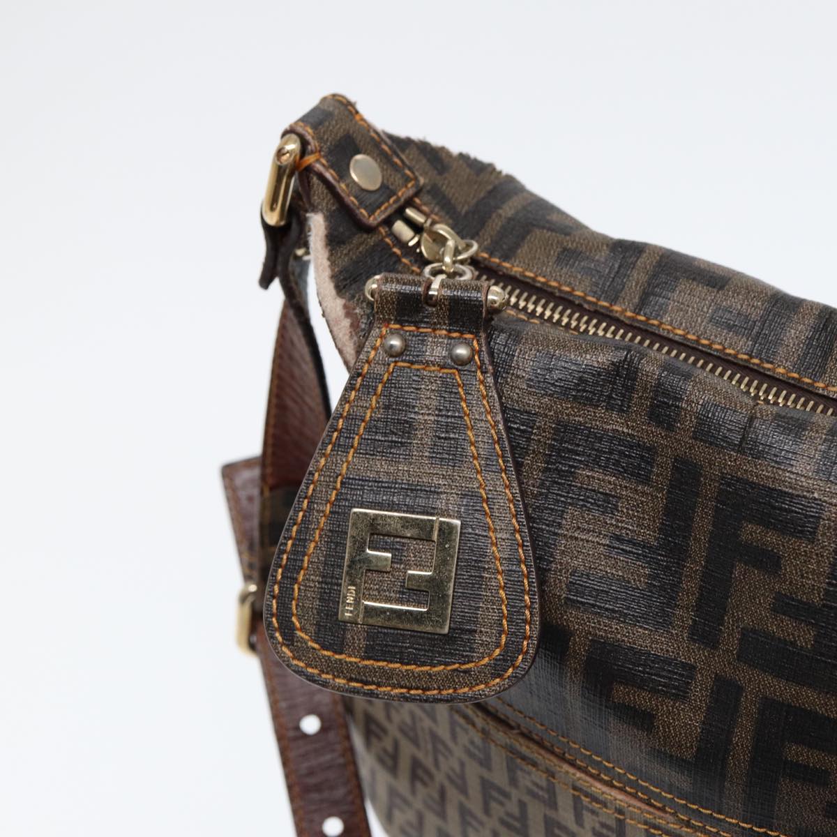 FENDI Zucca Canvas Shoulder Bag Brown Black gold Auth ep5455