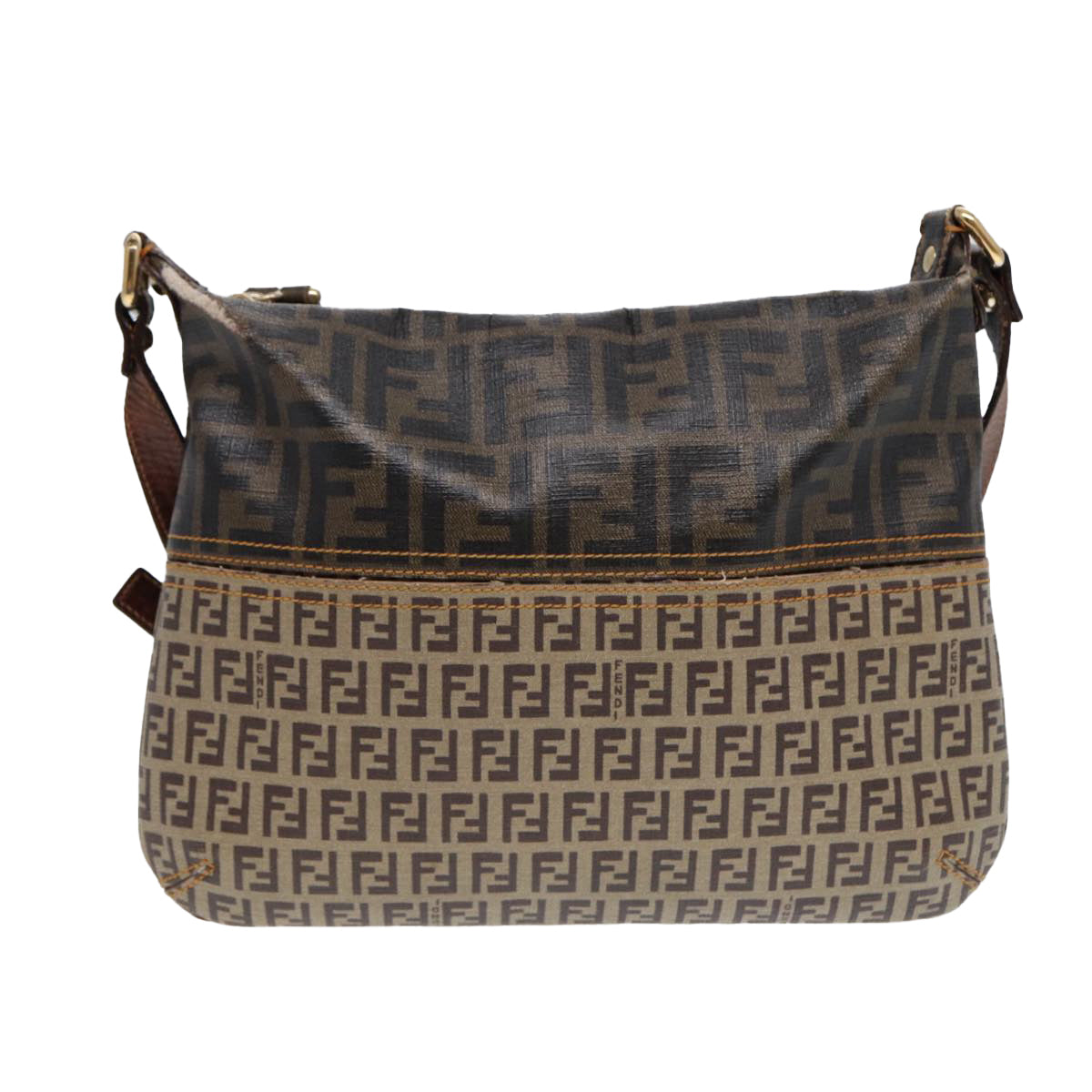 FENDI Zucca Canvas Shoulder Bag Brown Black gold Auth ep5455