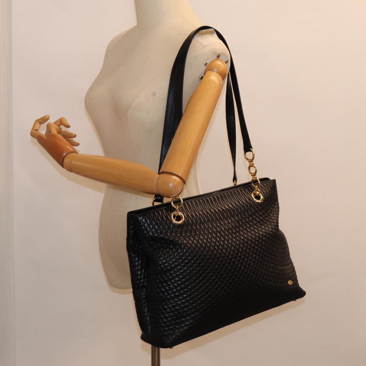 BALLY Tote Bag Leather Black Gold Auth ep5456