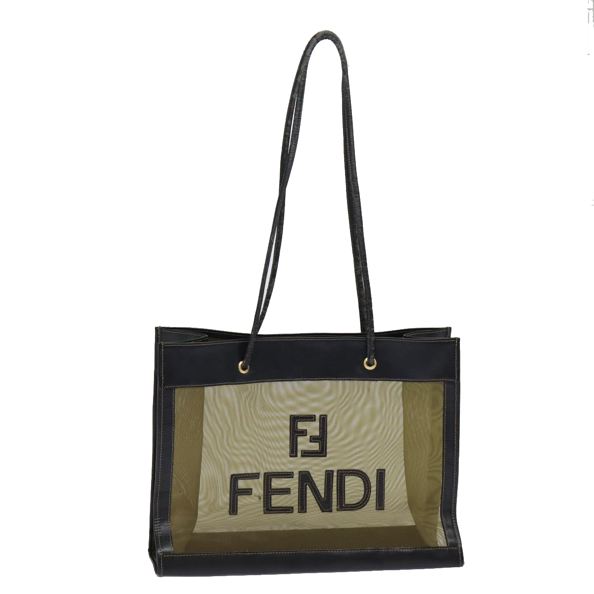 FENDI Tote Bag Nylon Leather Black Khaki gold Auth ep5485