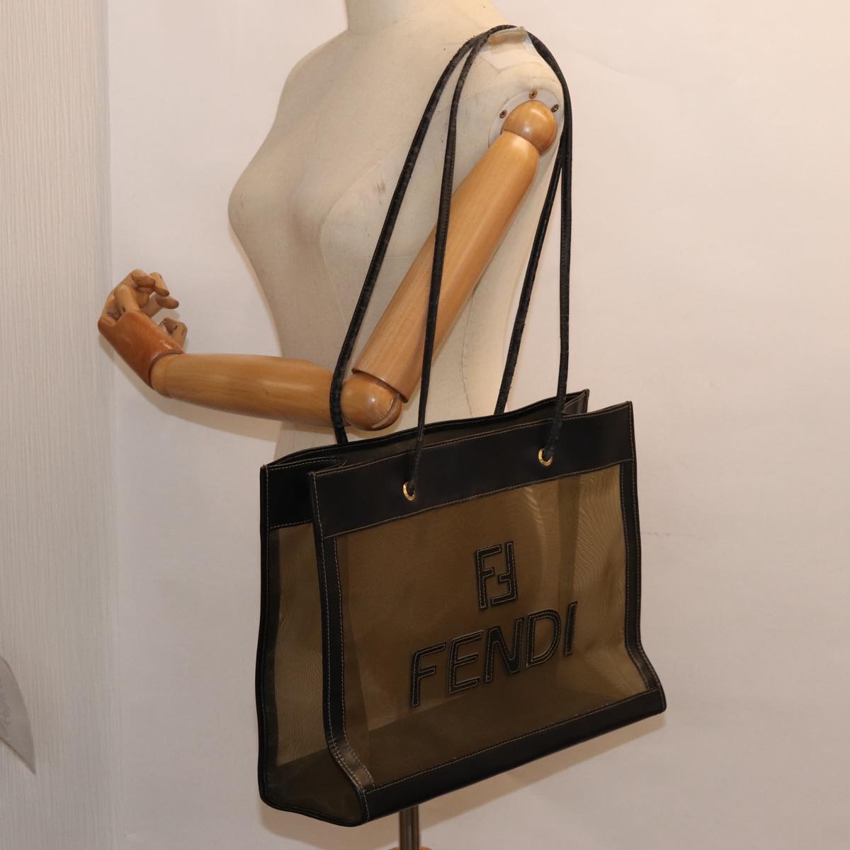 FENDI Tote Bag Nylon Leather Black Khaki gold Auth ep5485