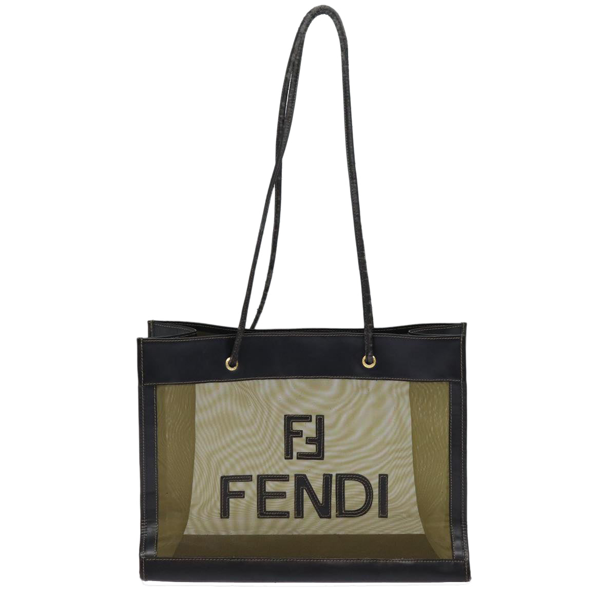 FENDI Tote Bag Nylon Leather Black Khaki gold Auth ep5485