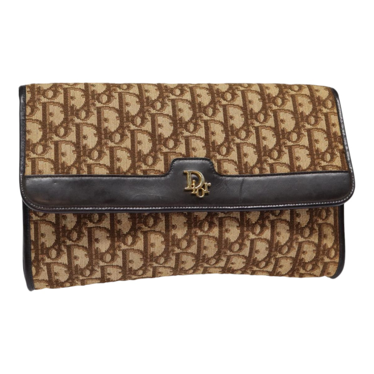 Christian Dior Trotter Canvas Clutch Bag Brown Gold Auth ep5495