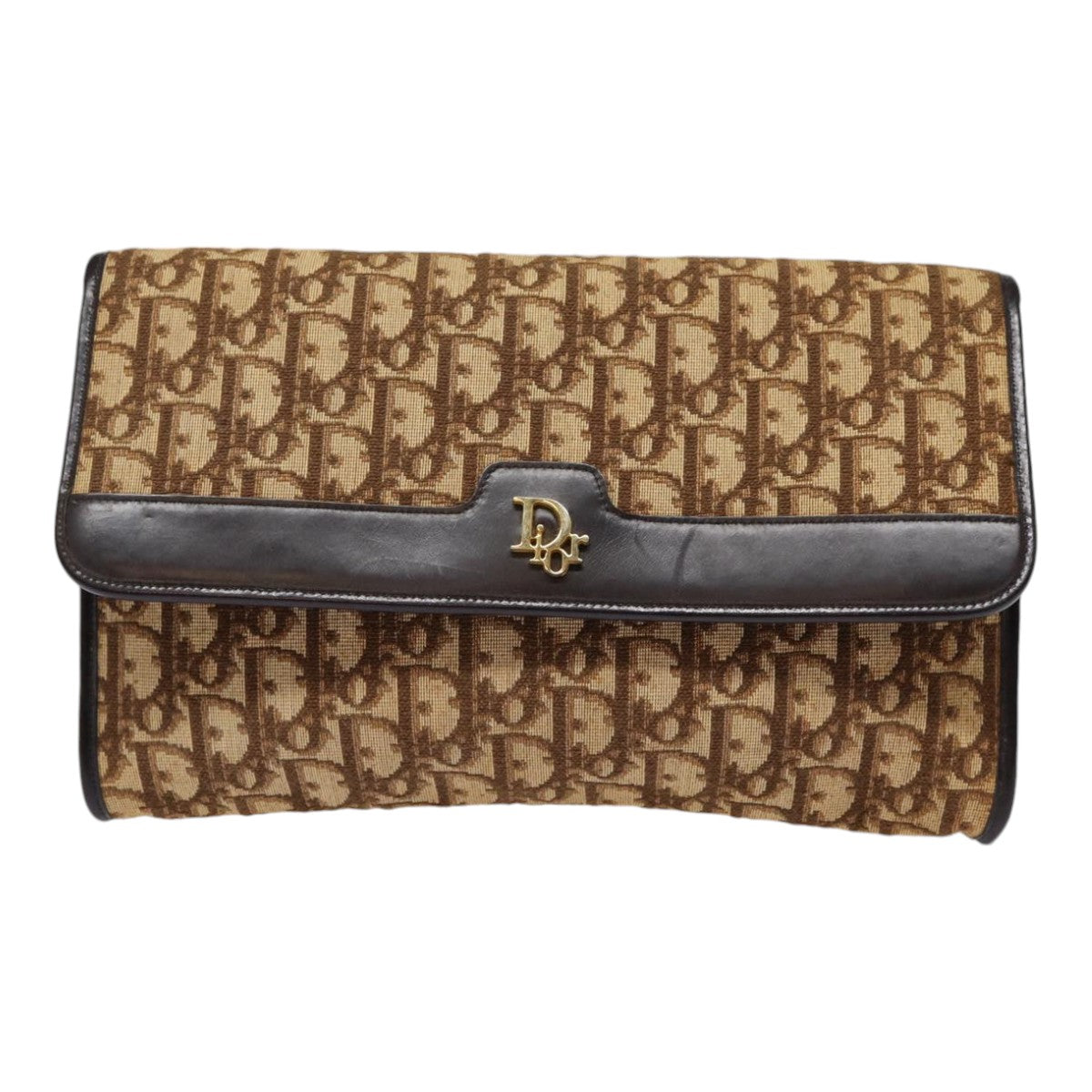 Christian Dior Trotter Canvas Clutch Bag Brown Gold Auth ep5495