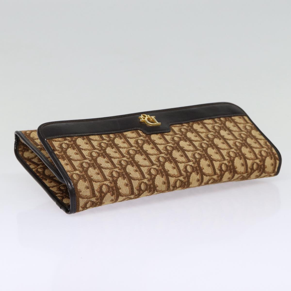 Christian Dior Trotter Canvas Clutch Bag Brown Gold Auth ep5495