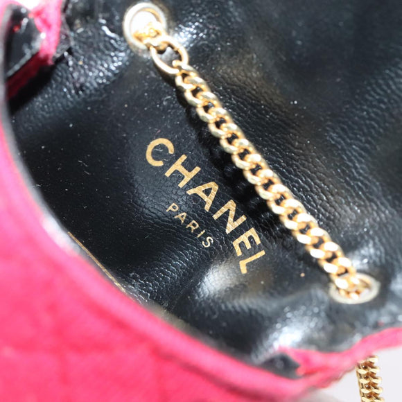 CHANEL Chain Quilted Shoulder Pouch Cotton Gold Red CC Auth ep5533