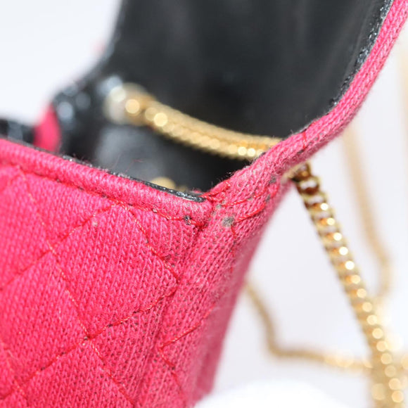CHANEL Chain Quilted Shoulder Pouch Cotton Gold Red CC Auth ep5533