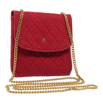 CHANEL Chain Quilted Shoulder Pouch Cotton Gold Red CC Auth ep5533