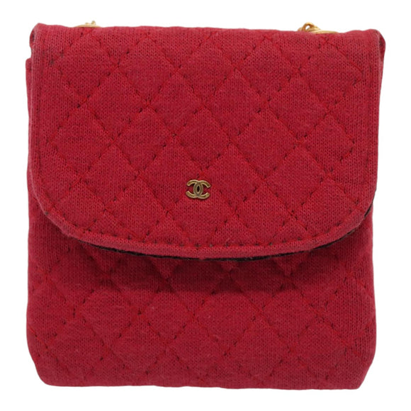 CHANEL Chain Quilted Shoulder Pouch Cotton Gold Red CC Auth ep5533