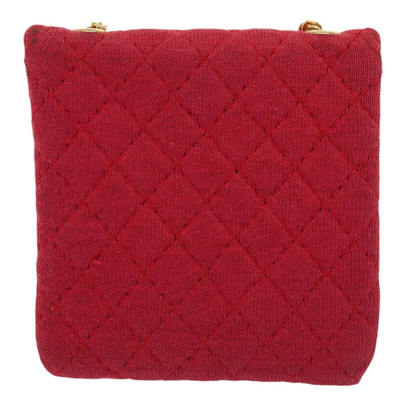 CHANEL Chain Quilted Shoulder Pouch Cotton Gold Red CC Auth ep5533