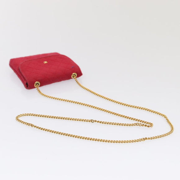 CHANEL Chain Quilted Shoulder Pouch Cotton Gold Red CC Auth ep5533