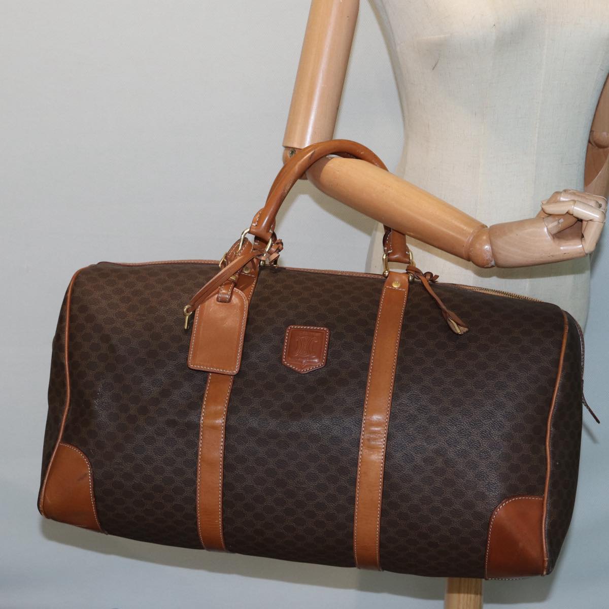 CELINE Macadam Canvas Boston Bag PVC Leather Brown Gold Auth ep5535