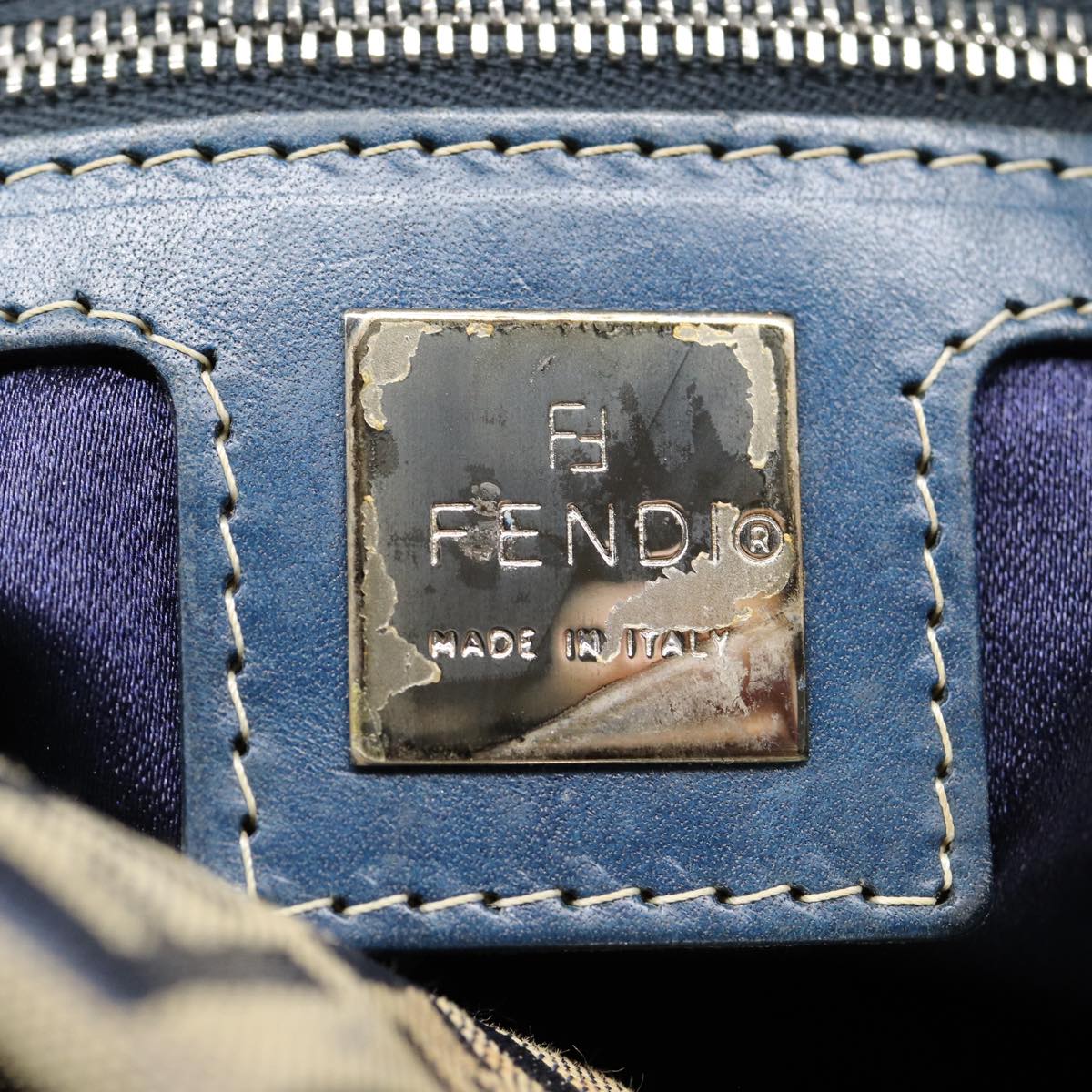 FENDI Zucchino Canvas Hand Bag Navy Silver Auth ep5563