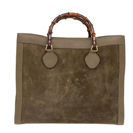 GUCCI Bamboo Hand Bag Suede Khaki Gold 002 1186 0259 Auth ep5568 - 0