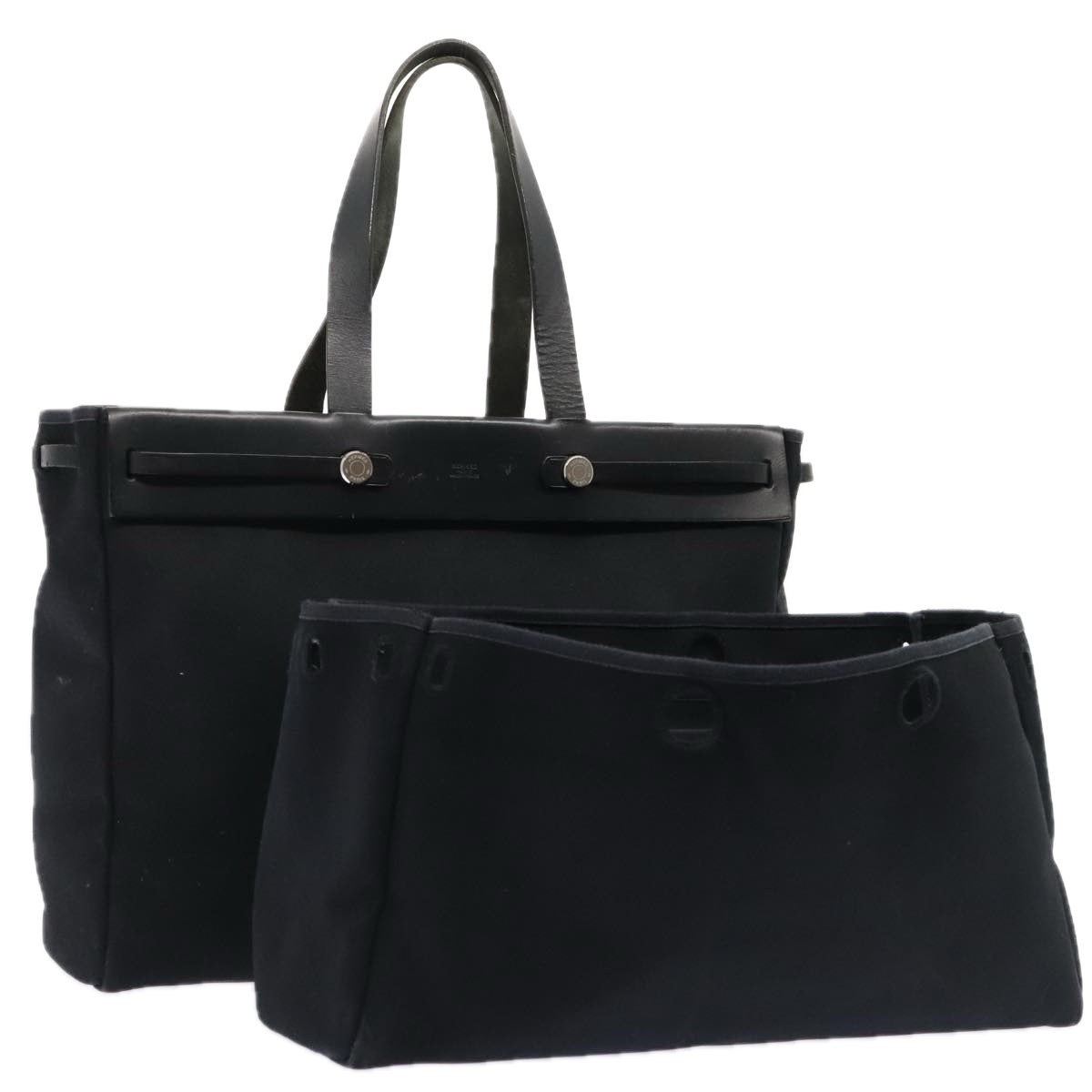 HERMES Herbag Cabas GM Tote Bag Canvas Leather Black Silver Auth ep5581