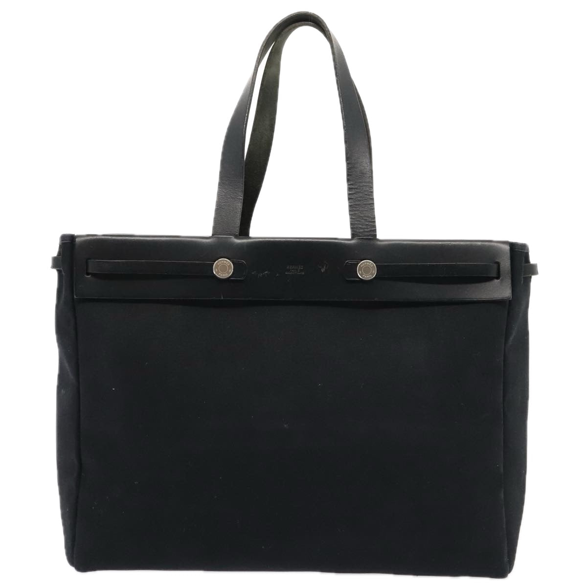 HERMES Herbag Cabas GM Tote Bag Canvas Leather Black Silver Auth ep5581