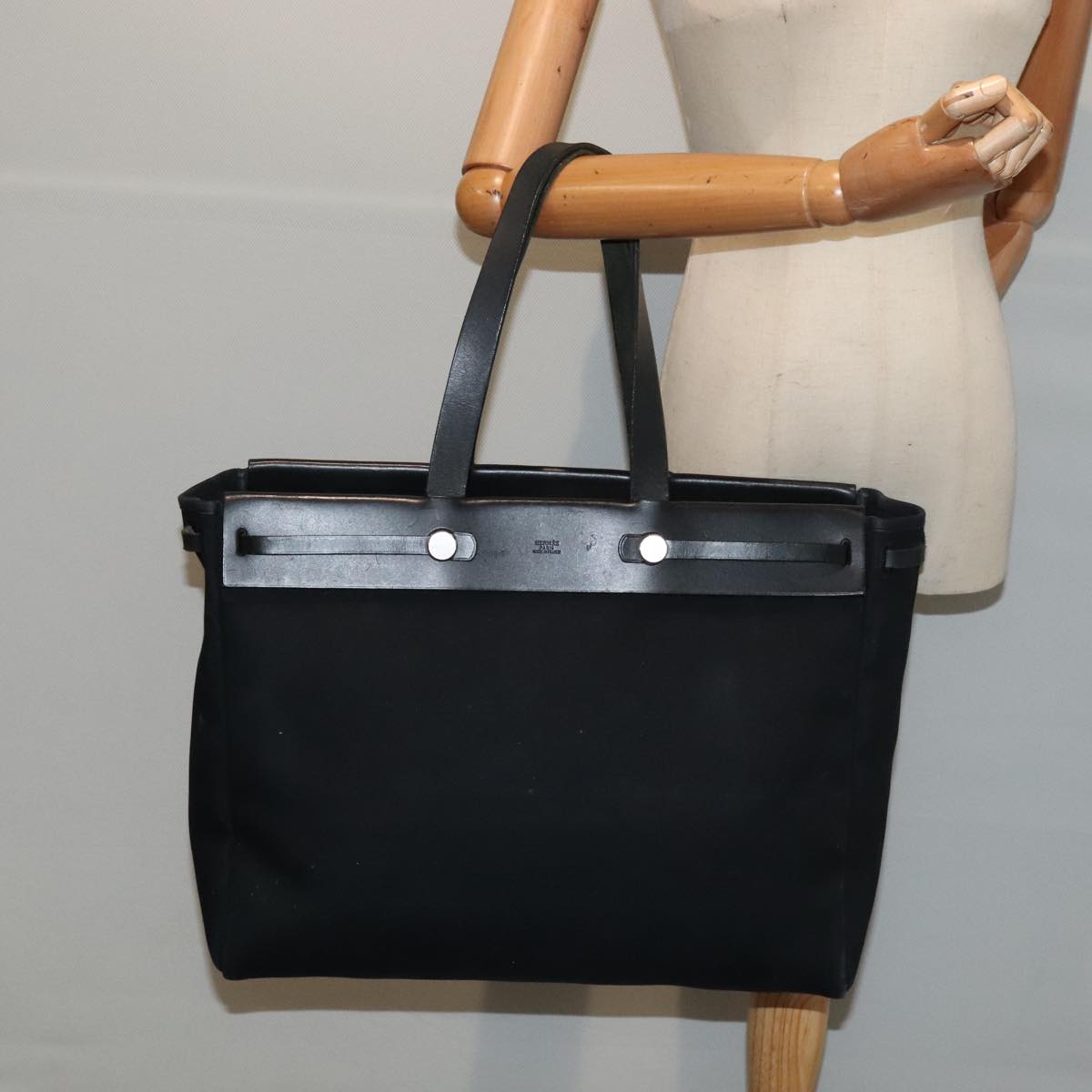 HERMES Herbag Cabas GM Tote Bag Canvas Leather Black Silver Auth ep5581