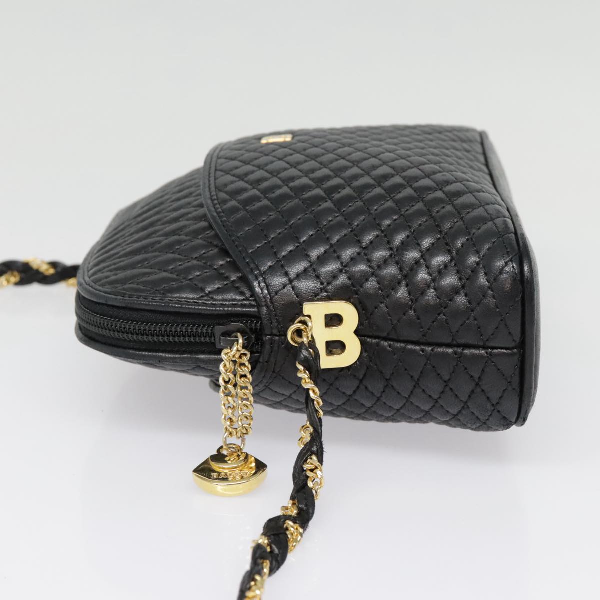 BALLY Chain Shoulder Bag Leather Black Gold Auth ep5603