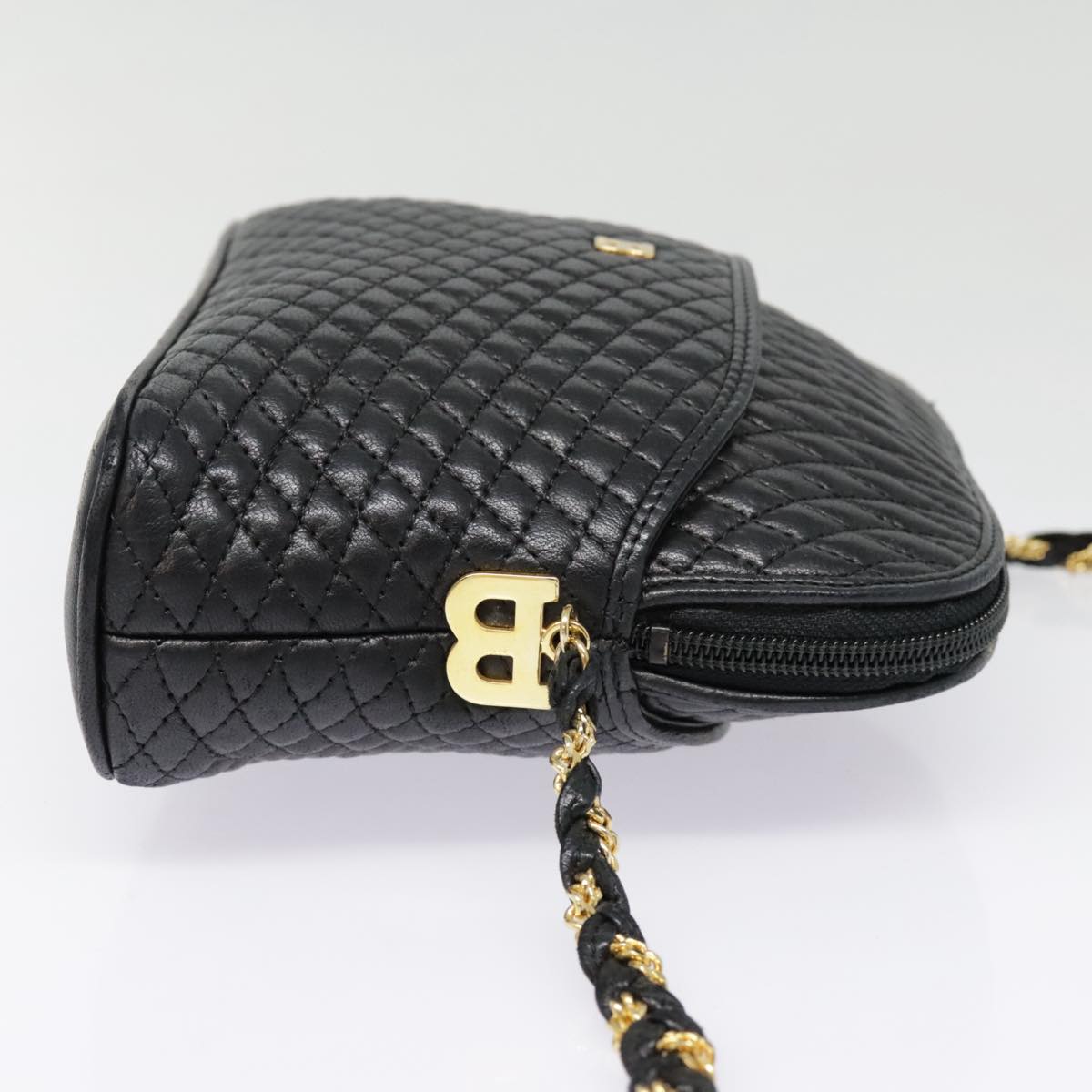 BALLY Chain Shoulder Bag Leather Black Gold Auth ep5603