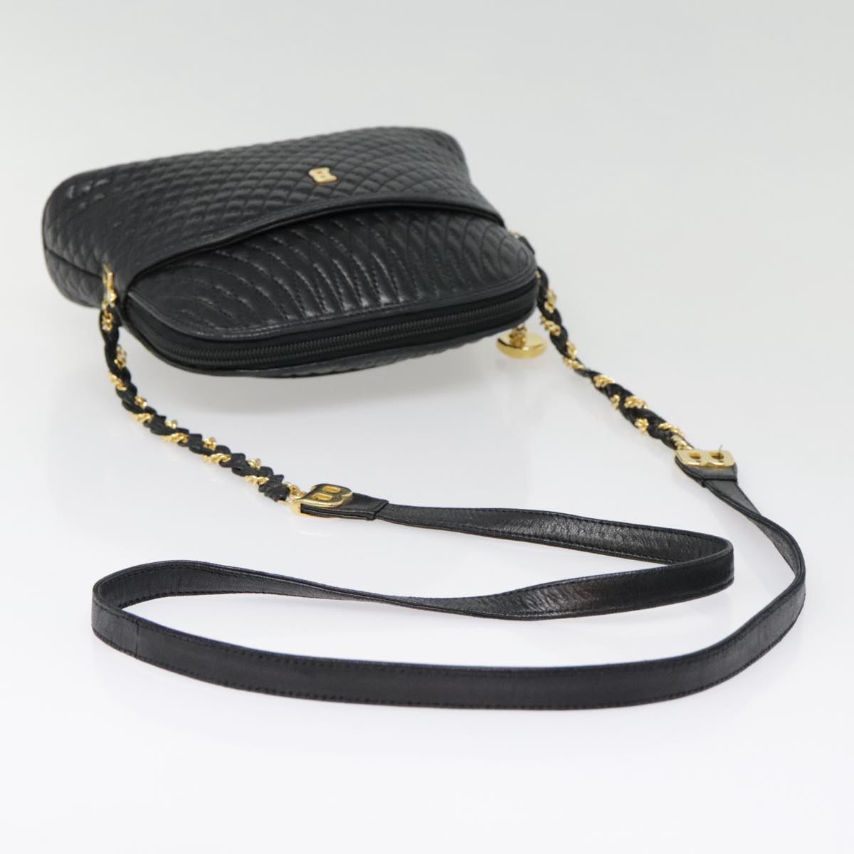 BALLY Chain Shoulder Bag Leather Black Gold Auth ep5603