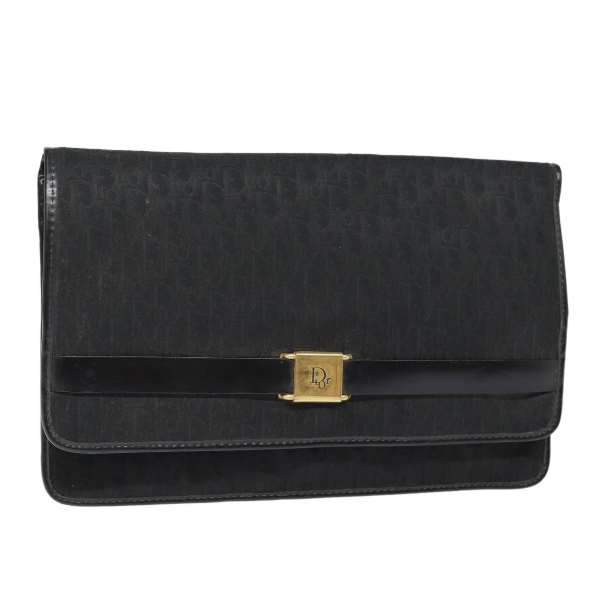 Christian Dior Trotter Canvas Clutch Bag Black Gold Auth ep5606