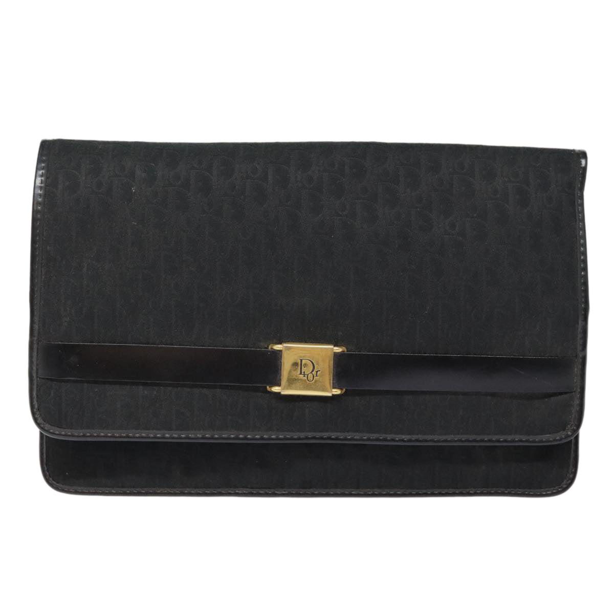 Christian Dior Trotter Canvas Clutch Bag Black Gold Auth ep5606