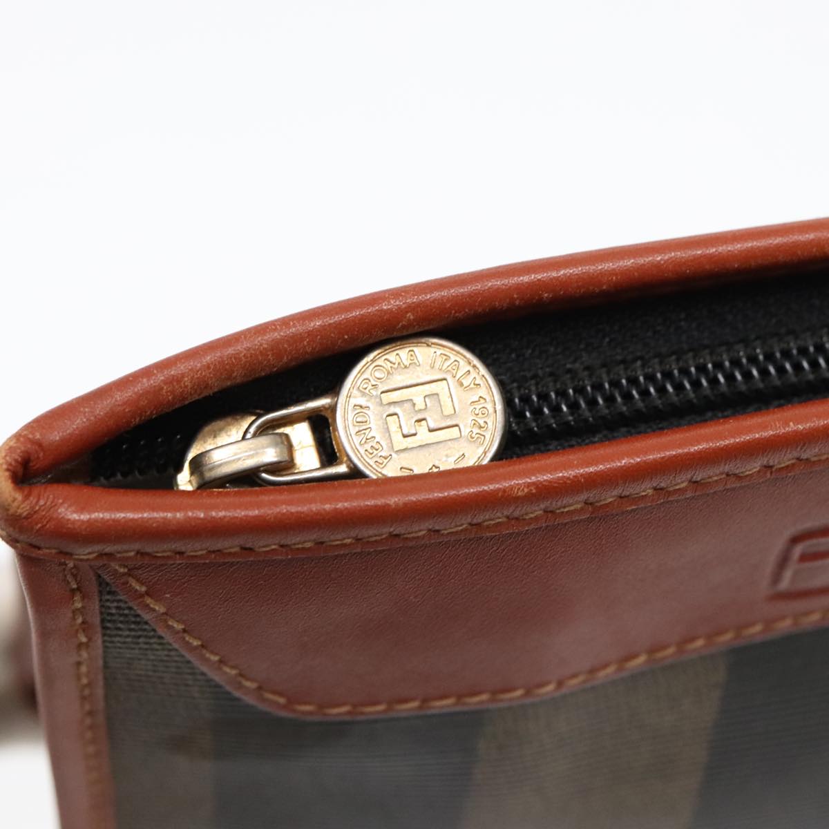 FENDI Pecan Canvas Clutch Bag Black Brown gold Auth ep5609