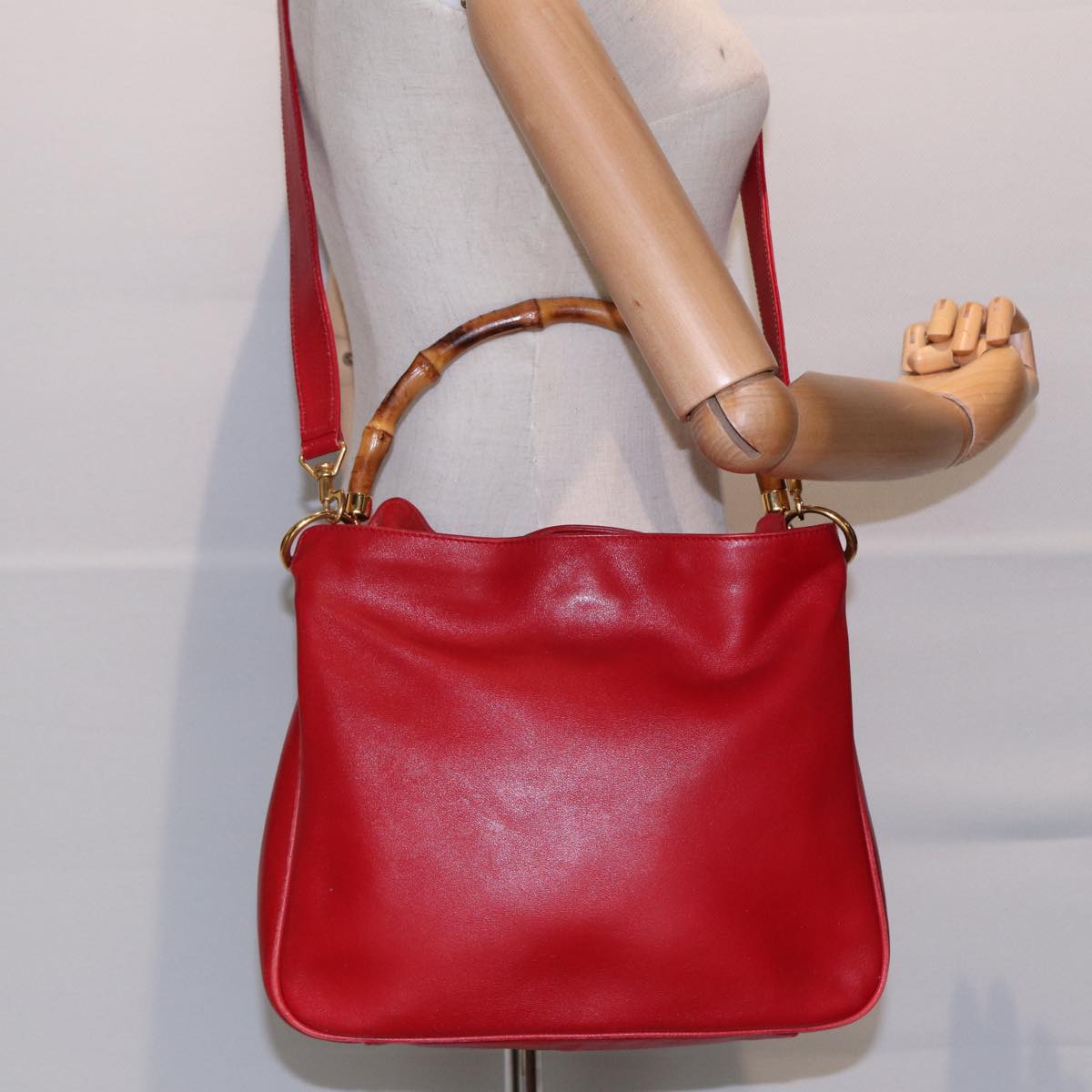 GUCCI Bamboo Hand Bag Leather 2way Red Gold 001 2404 16380 Auth ep5631