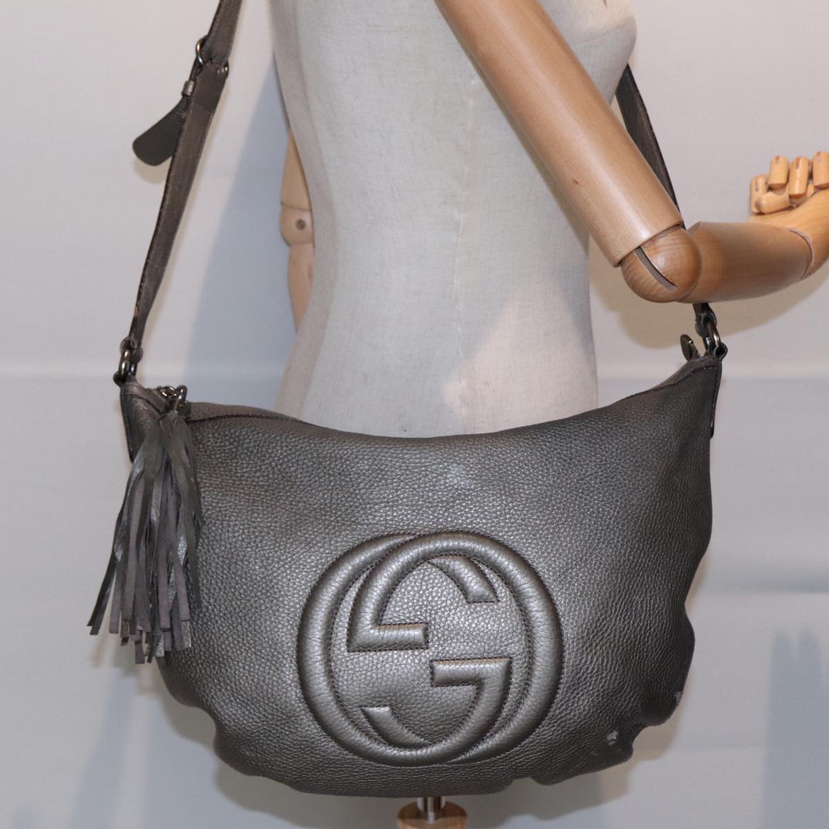 GUCCI Interlocking Shoulder Bag Leather Silver 295175 Auth ep5653