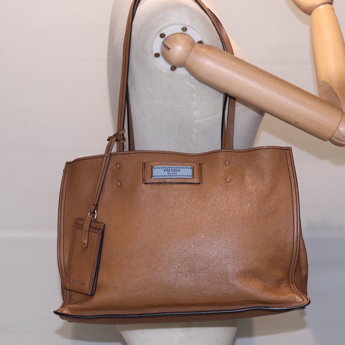 PRADA Tote Bag Leather Silver Brown Auth ep5656