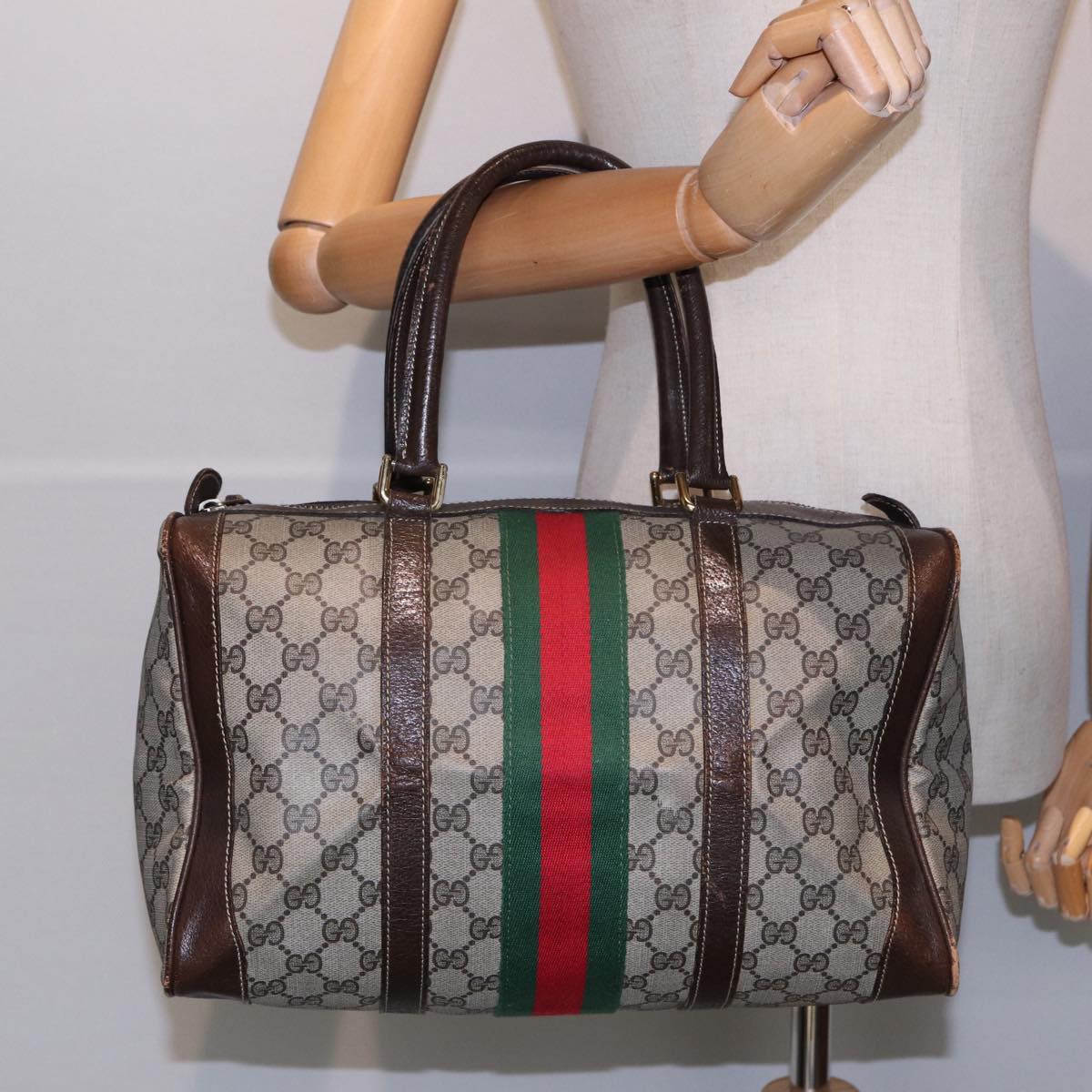 GUCCI GG Supreme Web Sherry Line Boston Bag PVC Beige Gold Red Auth ep5669