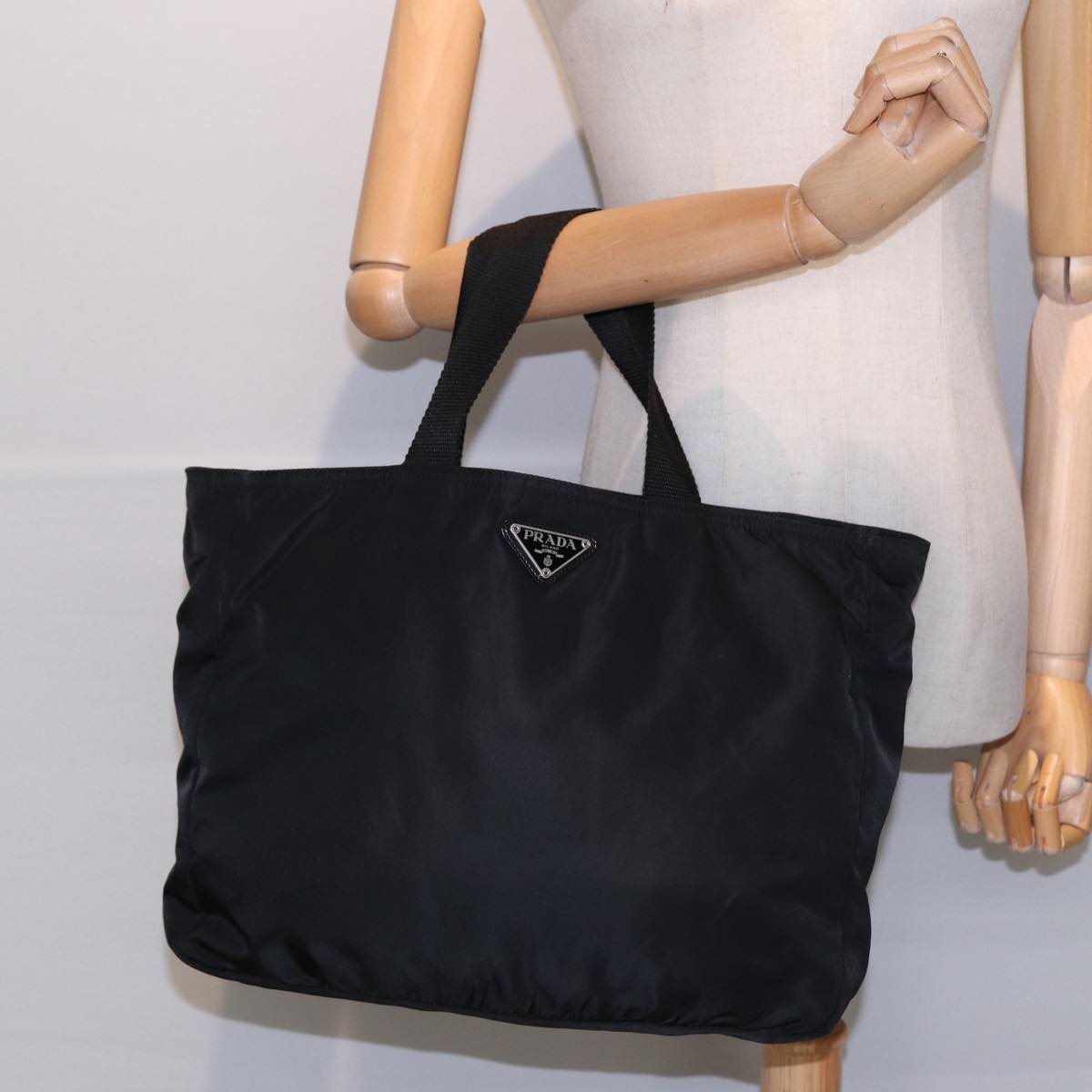 PRADA Tote Bag Nylon Black Silver Auth ep5692