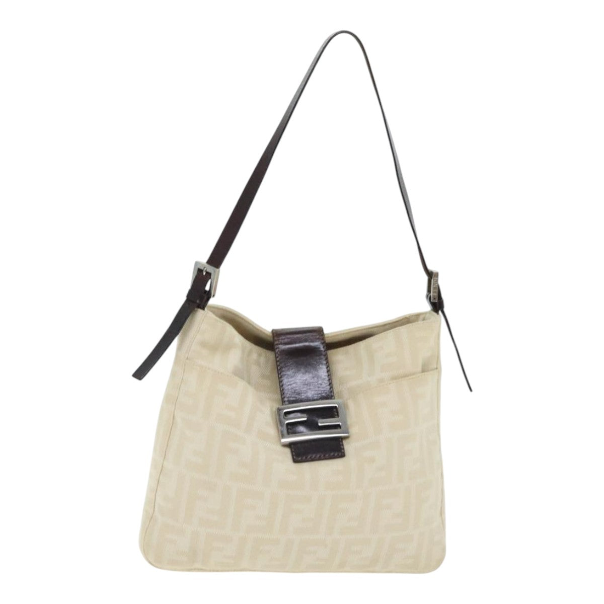 FENDI Zucca Canvas Shoulder Bag Beige Brown Silver Auth ep5724