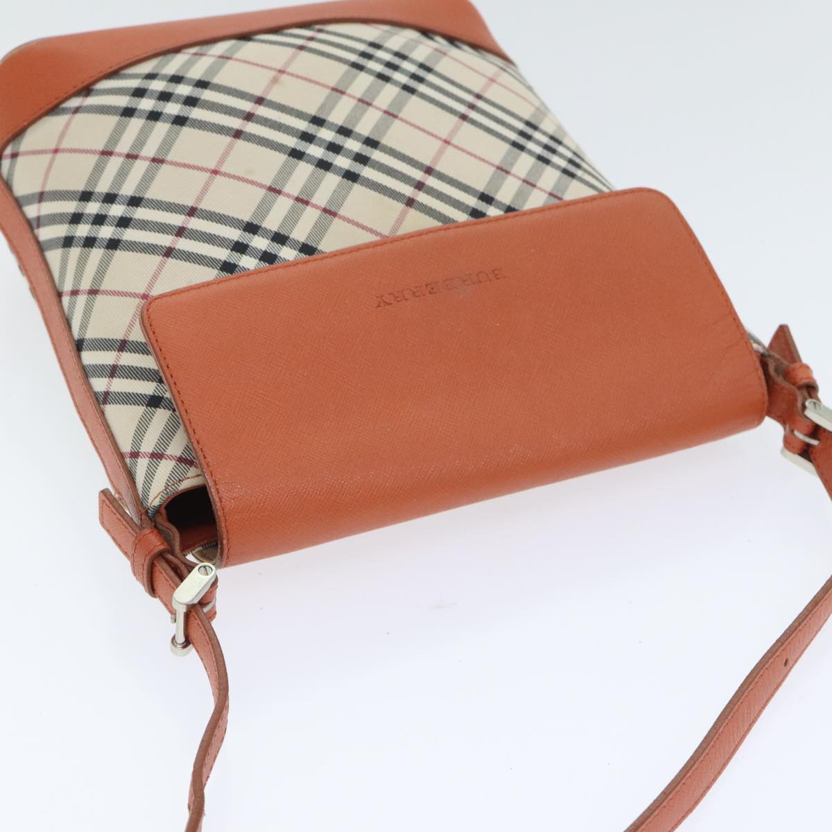 BURBERRY Nova Check Shoulder Bag Canvas Leather Beige Orange Silver Auth ep5735