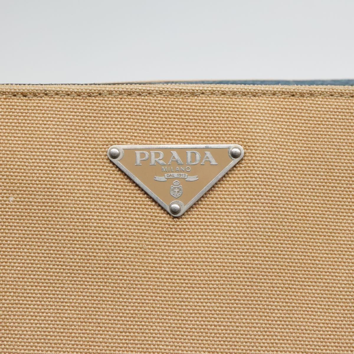 PRADA Hand Bag Canvas Leather Beige Blue Silver Auth ep5751