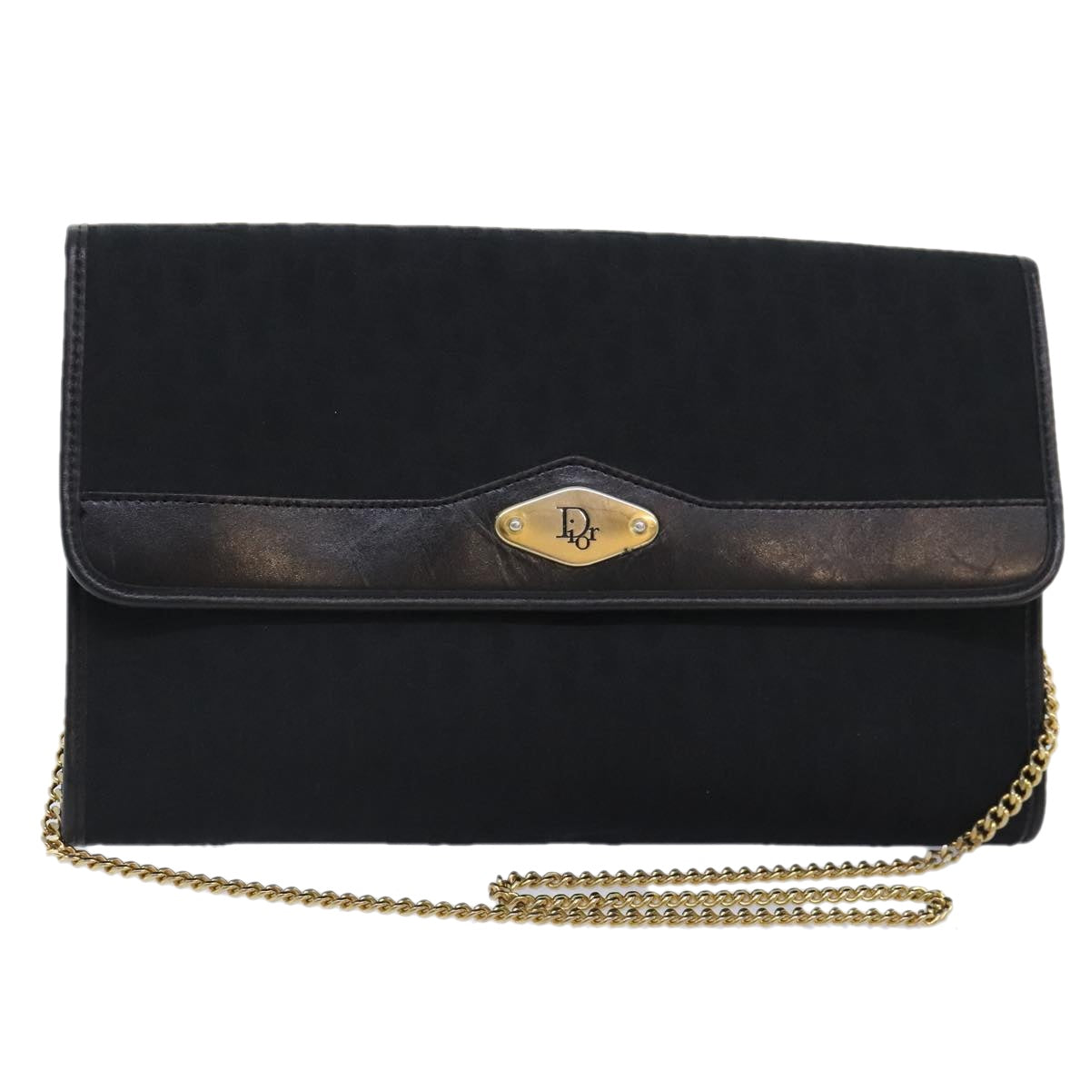 Christian Dior Trotter Canvas Chain Shoulder Bag Gold Black Auth ep5785