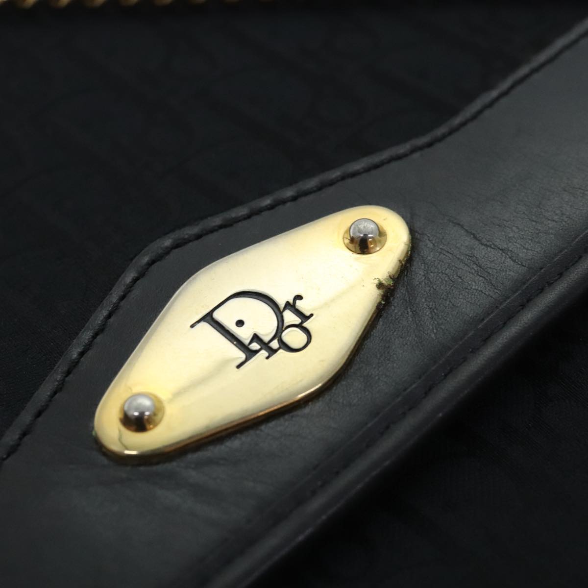 Christian Dior Trotter Canvas Chain Shoulder Bag Gold Black Auth ep5785